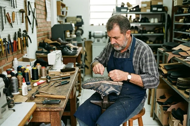 Sapateiro realizando reparo em um tênis em Camboriú.
