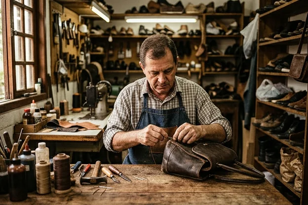 Sapateiro reformando uma bolsa de couro em Camboriú.